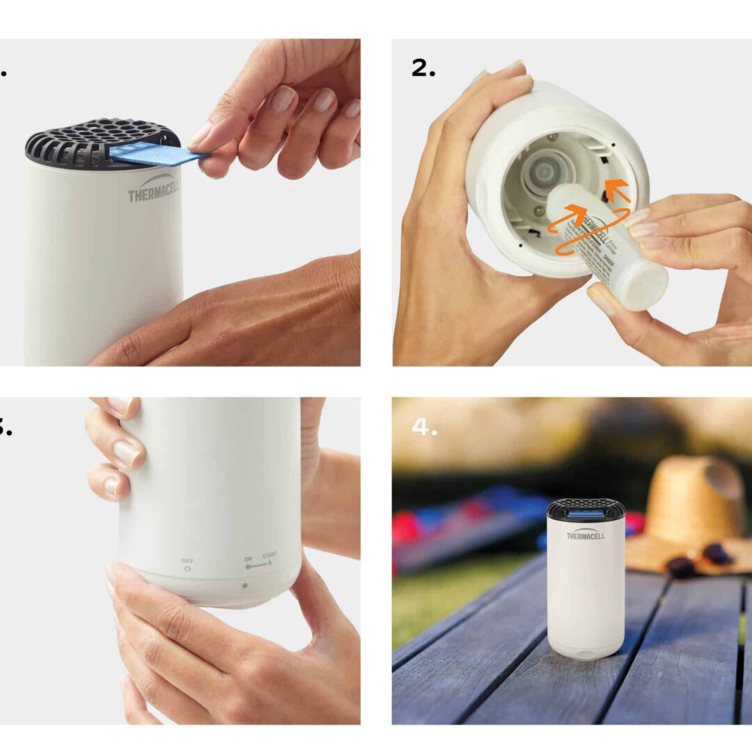 Användarguide för Thermacell-myggavstötare med steg-för-steg-instruktioner.