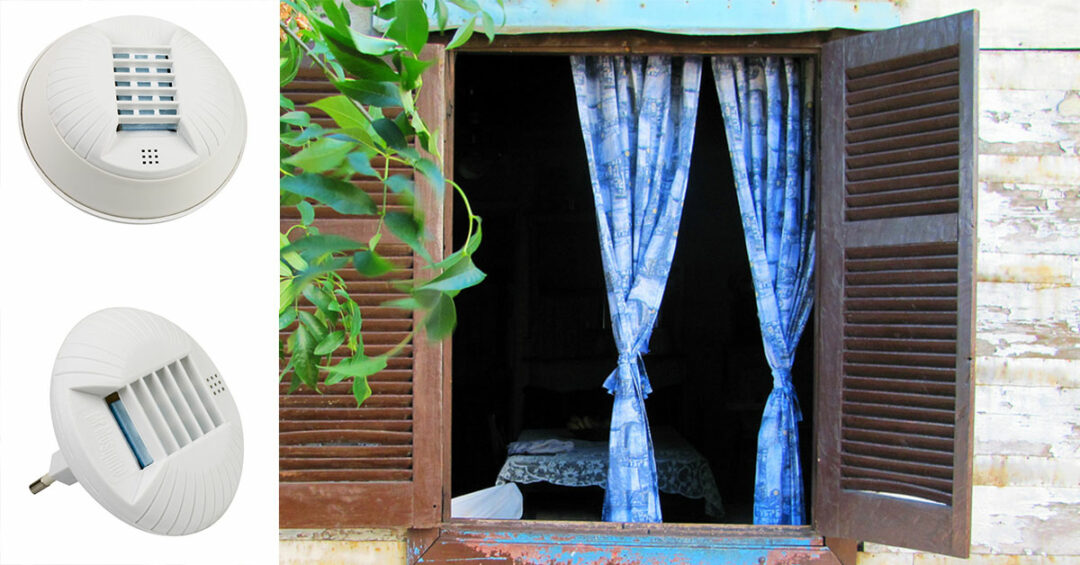 Elektrisk myggfångare och öppet fönster med blå gardiner för effektiv insektskontroll.
