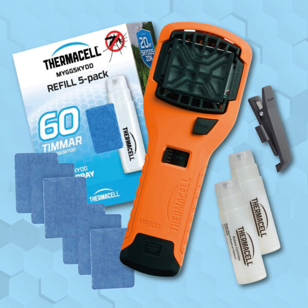 Thermacell myggskydd med refill 5-pack, 60 timmar skydd, idealiskt för utomhusbruk.