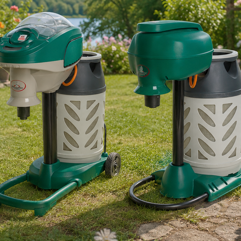Två gräsklippare av märket Green Machine står på grön gräsmatta vid en damm.