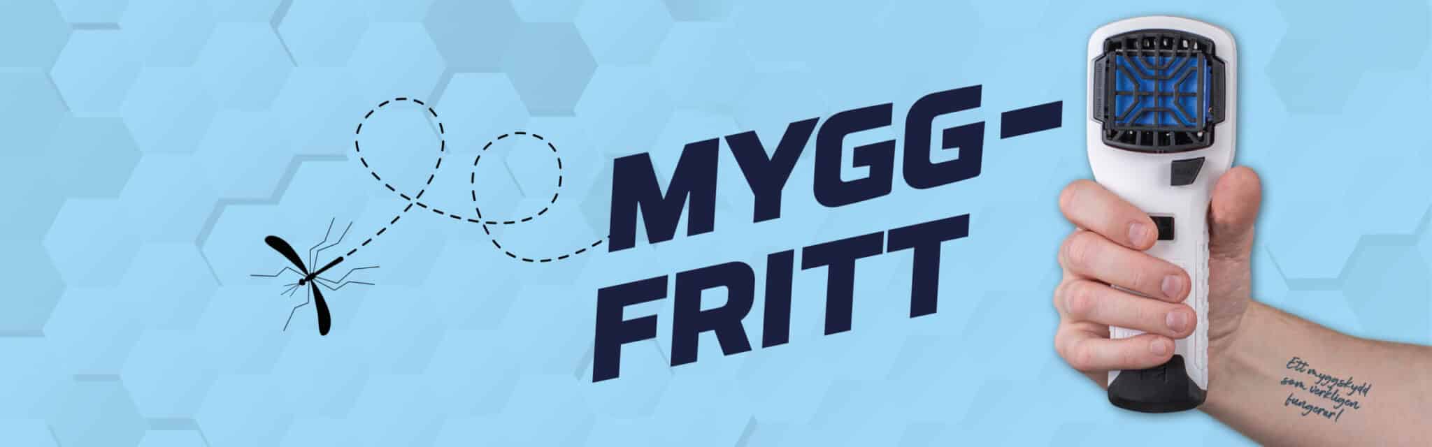 Myggskydd i hand mot blå bakgrund, text Myggfritt.