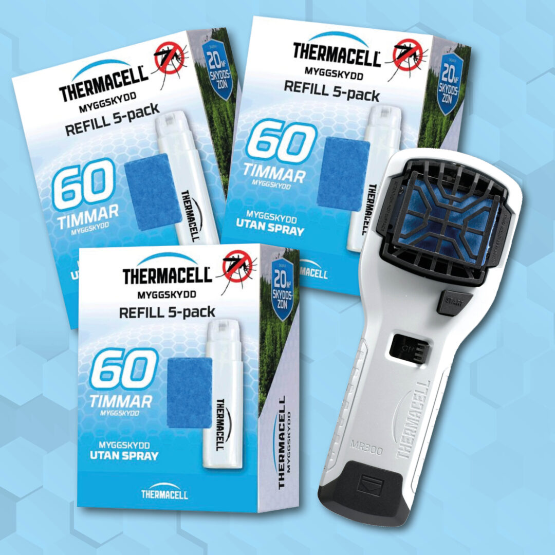 Thermacell myggskydd med refill 5-pack och enheten på blå bakgrund.