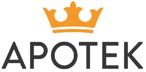 Logotyp för Apotek med en gul krona ovanför texten.