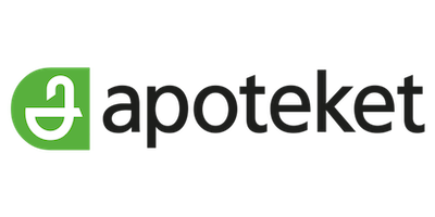 Apoteket logotyp, grön och vit design med stiliserad mortel, svensk apotekskedja.