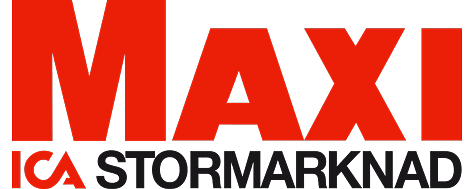 ICA Maxi Stormarknad logotyp, röd och svart text, svensk mataffärskedja.