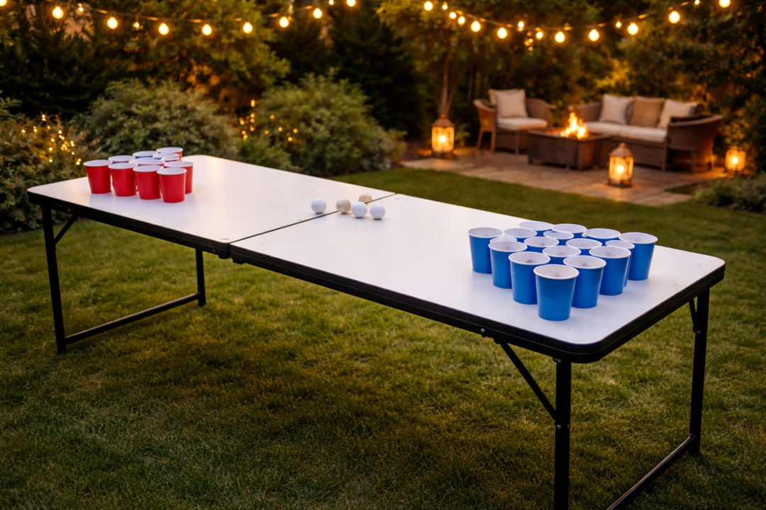 Uteplats med ett ölspel uppställt, röda och blå koppar under dekorativa ljus.