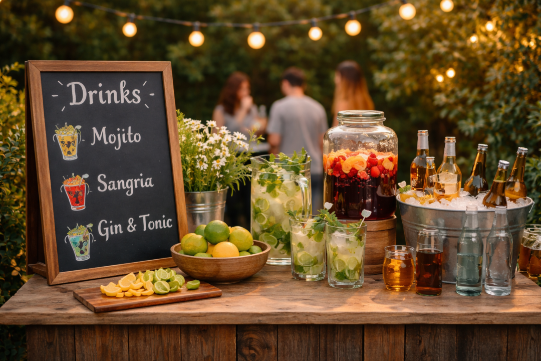 Ute på en fest med drycker som mojito, sangria och gin & tonic i vacker miljö.