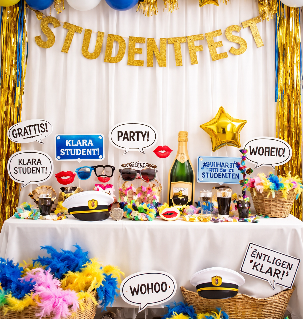 Färgglad studentfest med dekorationer, ballonger och festliga tillbehör.