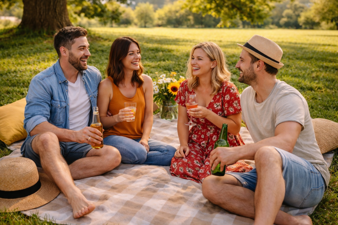 Fyra vänner har en glad picknick i parken, njuter av drycker och varandras sällskap.