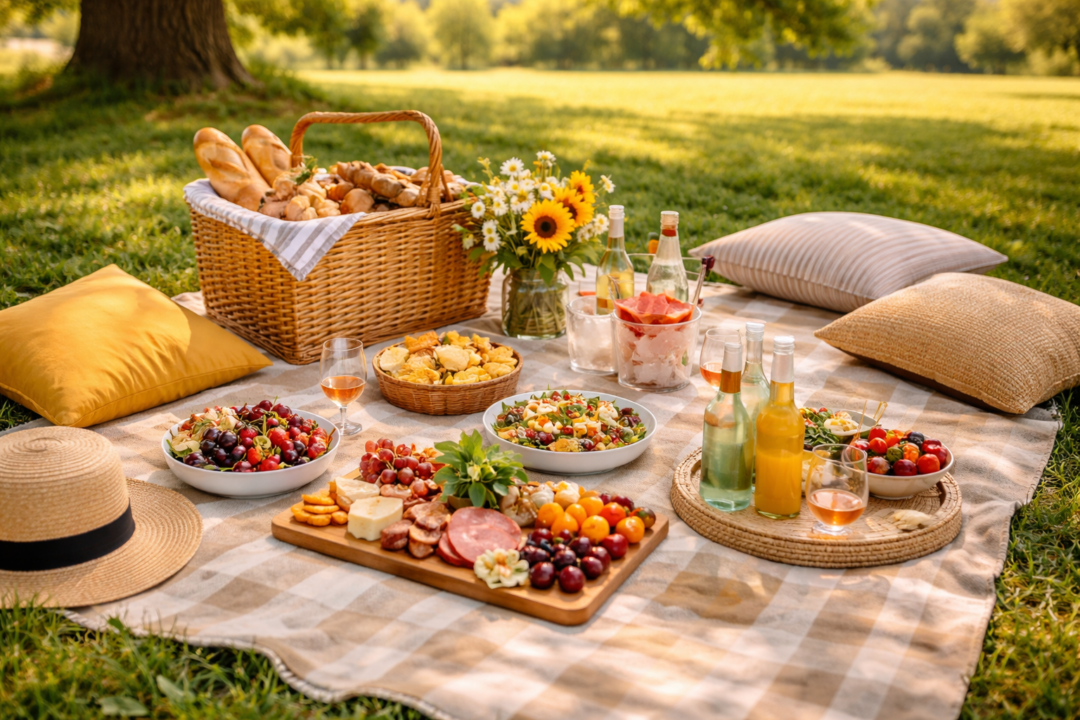 Avkopplande picknick med delikatesser, dricka och blommor på en grön äng.