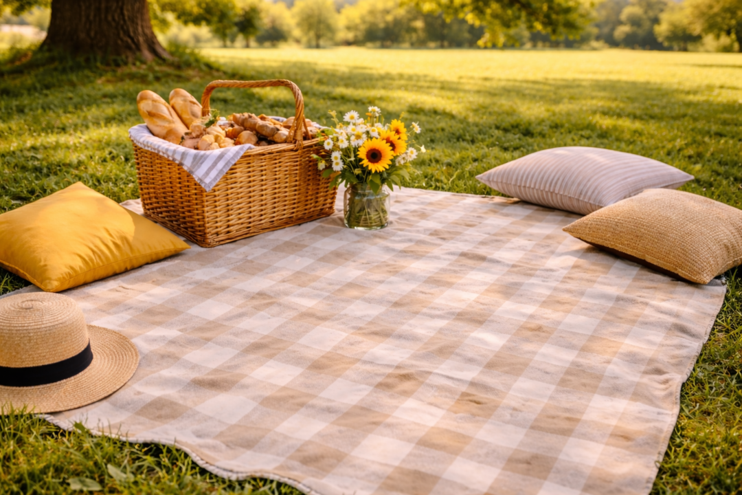 Alt-text: Picknick med korg, bröd och blommor på en ruta i grönskande park.