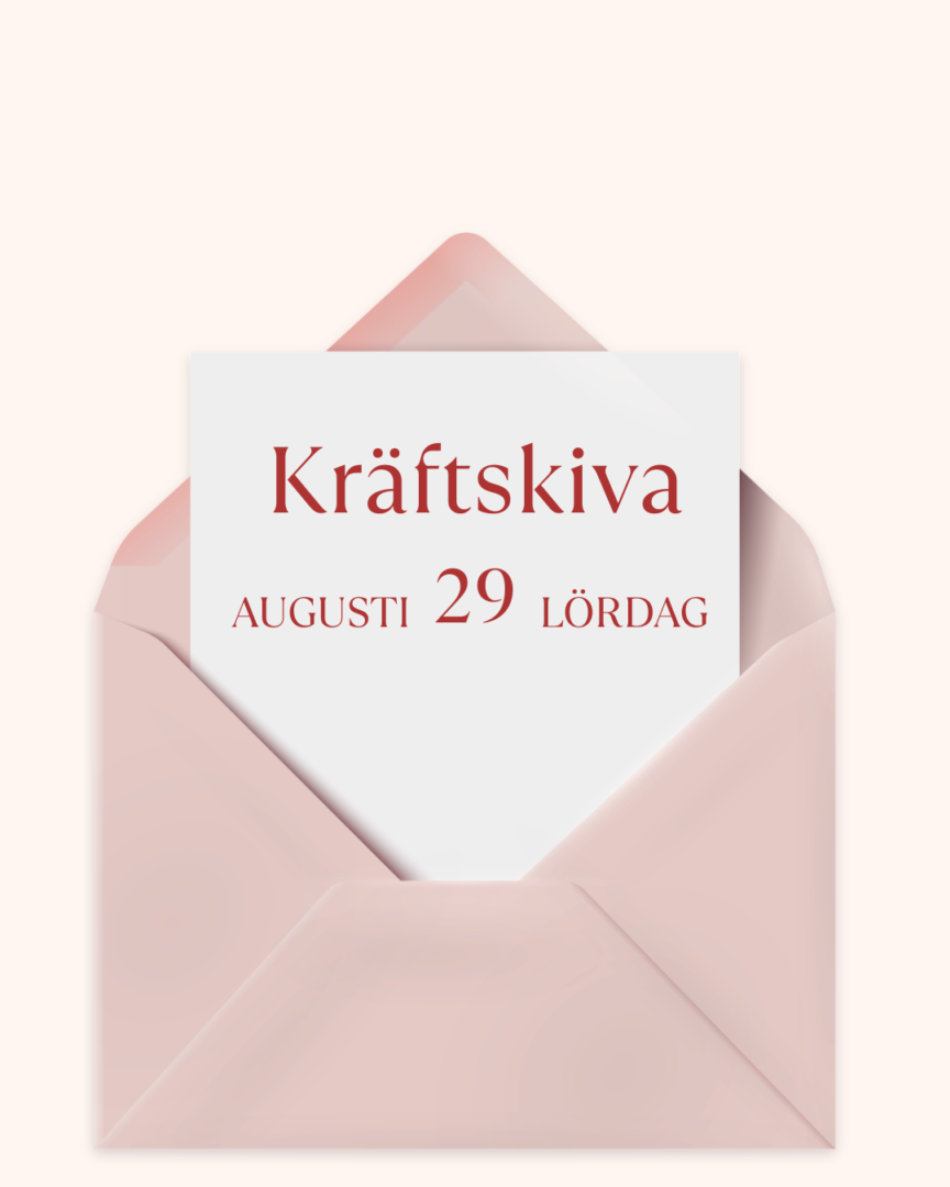 Inbjudan till kräftskiva den 29 augusti, lördag, i rosa kuvert.