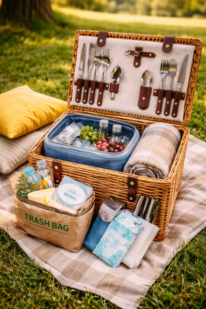 Picknickkorg med bestick, frukt och filtar som står på en grön gräsmatta.