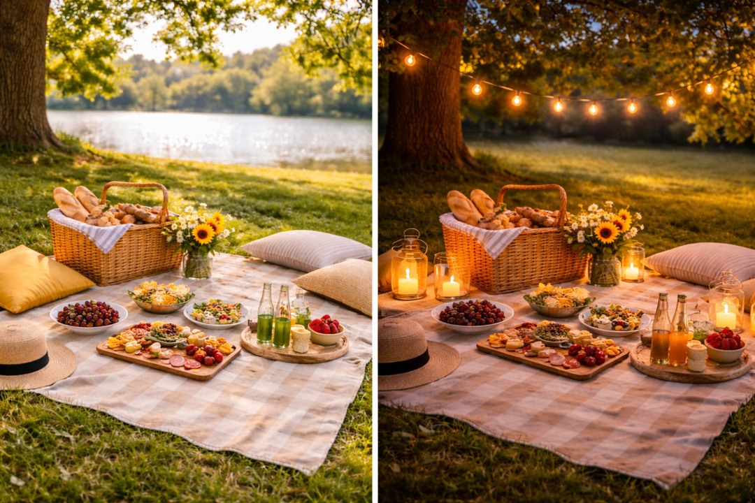 Romantisk picknick vid sjön med godsaker, blommor och mjukt ljus. Perfekt för avkoppling.