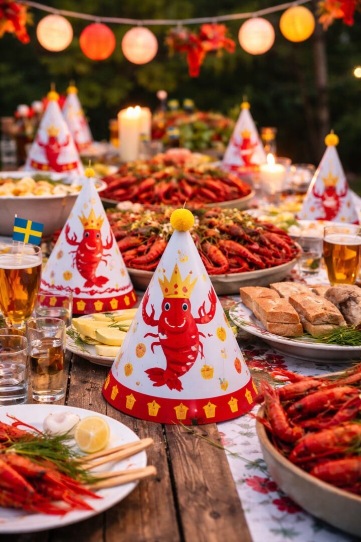 Middag med kräftor och festliga hattar, belyst av romantiska ljuslyktor.