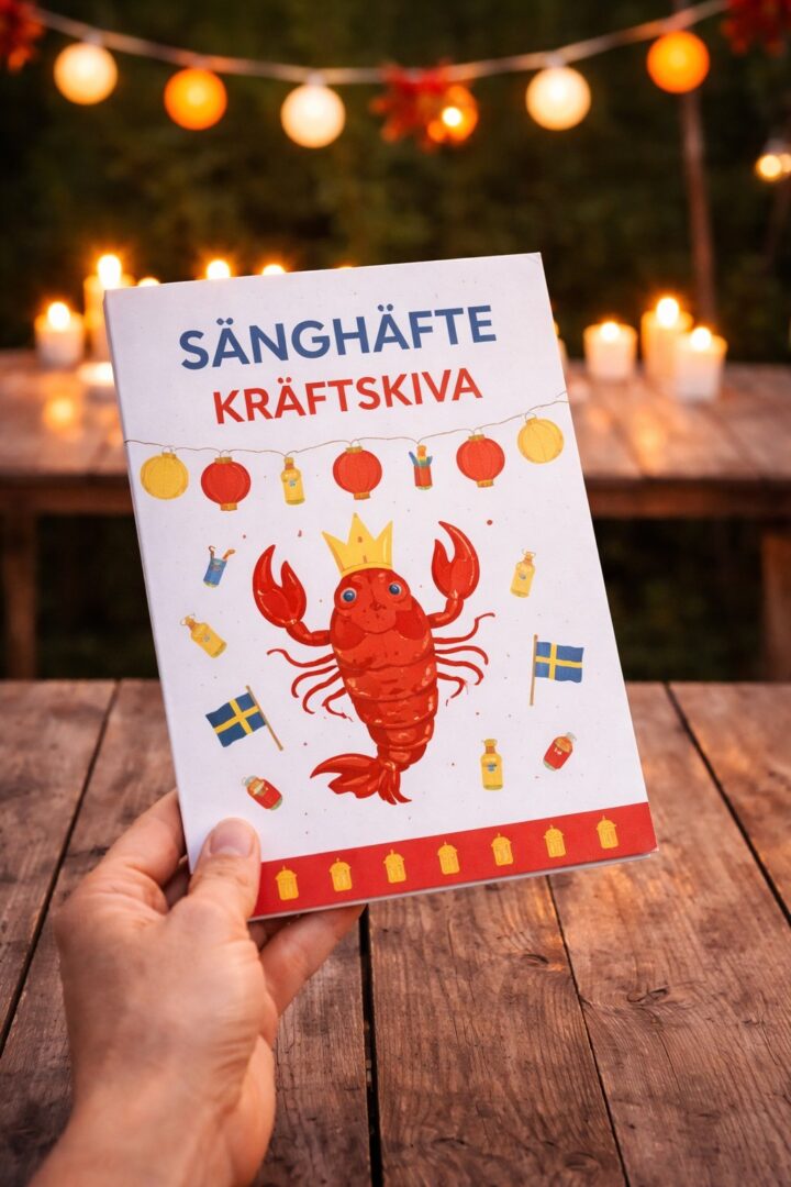 Alt-text: Hand som håller ett färgglatt sånghäfte för kräftskiva med dekorationer.