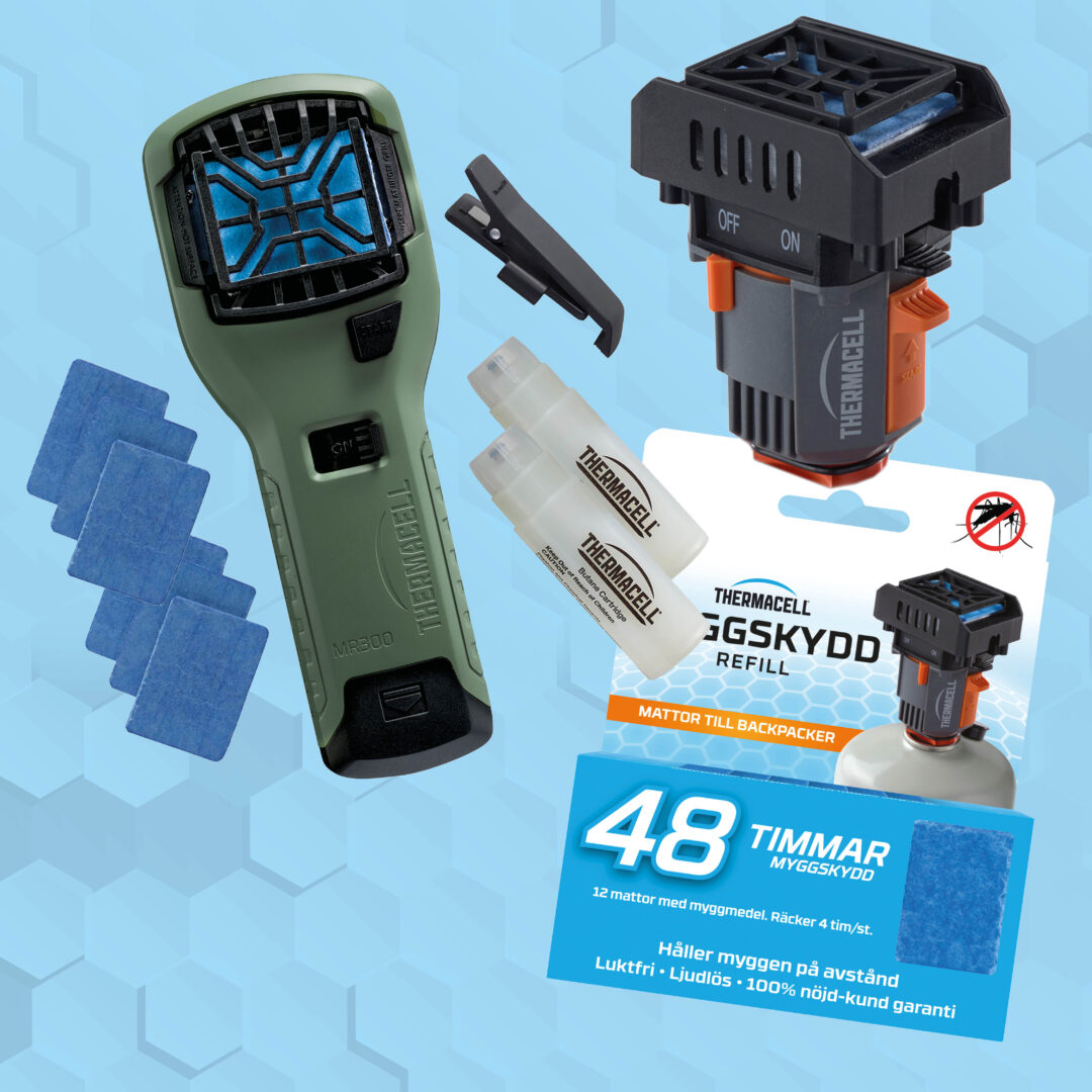 Alt-text: Thermacell myggskydd med refillpaket och blå mattor mot myggor på hexagonbakgrund.