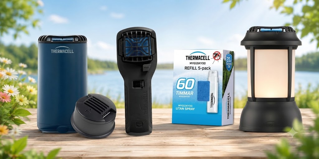 Alt-text: Thermacell myggskyddspaket med lantern, refill och myggavvisare vid sjö.
